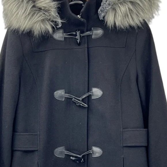 NAUTICA Black WITH GRAY FUR WOOL PARKA TOGGLE TUSK BUTTON PENNY LANE COAT M - Picture 5 of 10